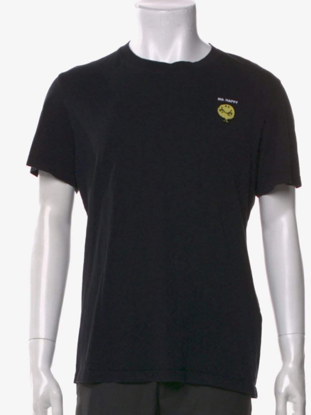 SANDRO PARIS Mr. Happy Embroidered 1970s Crewneck Designer T-Shirt- Black/Gray